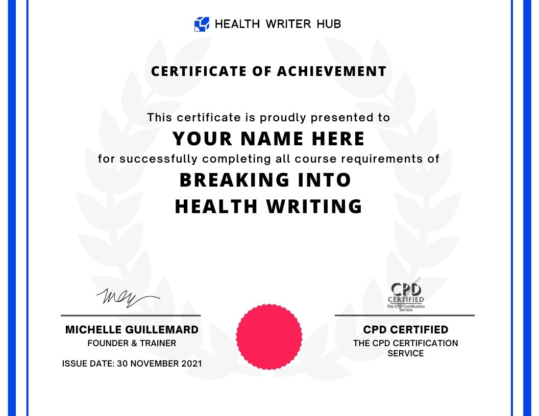 breaking into health writing course certificate